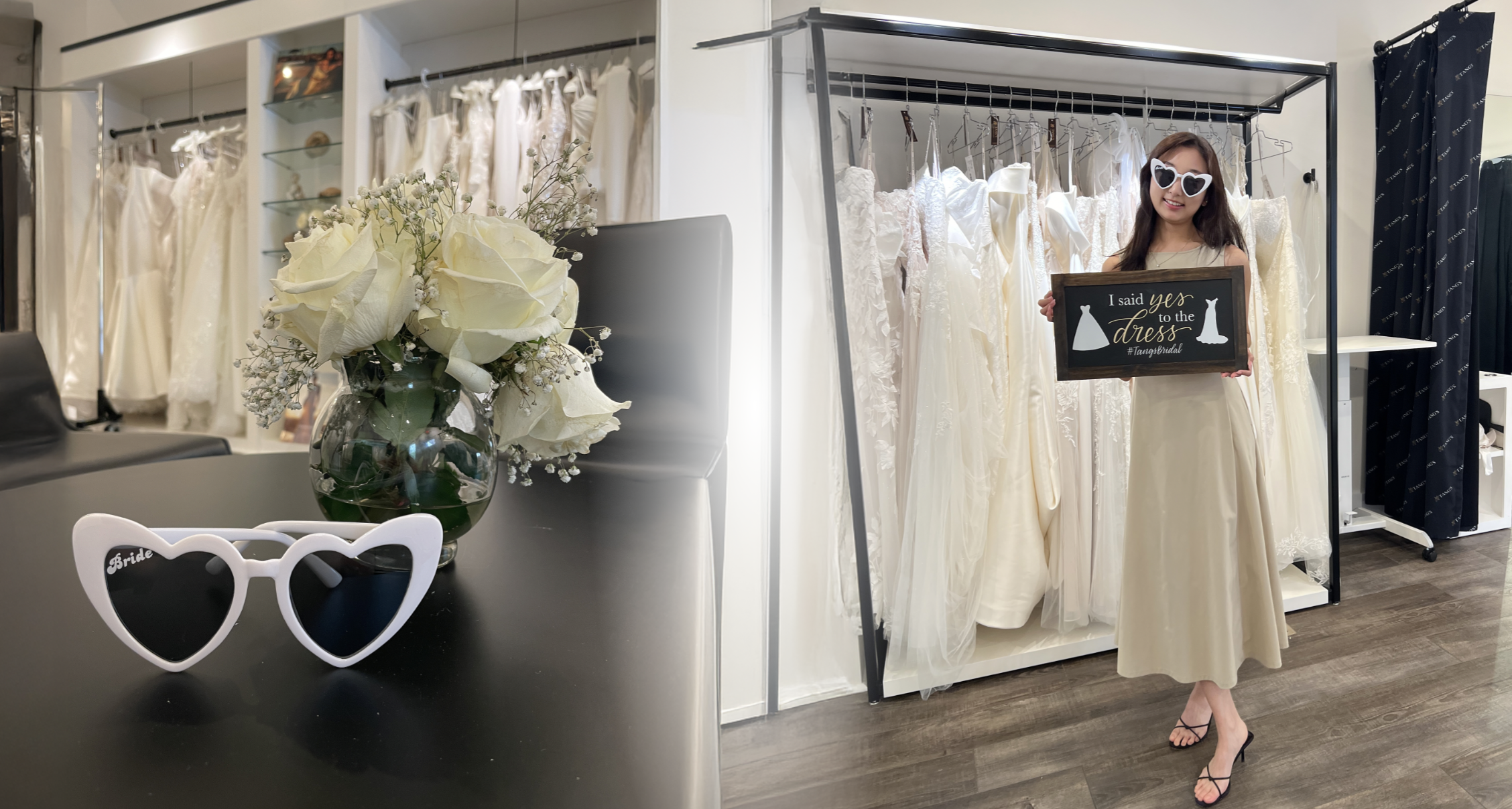 Brides celebrating dress shopping at a bridal boutique in heart sunglasses