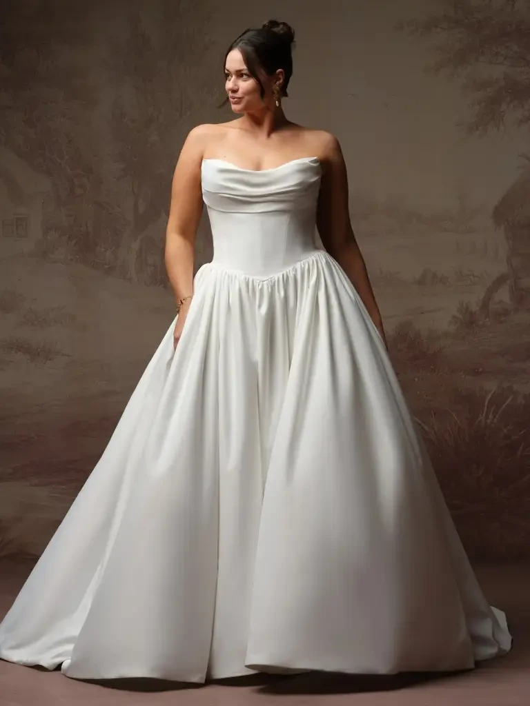 Model wearing a white gown
